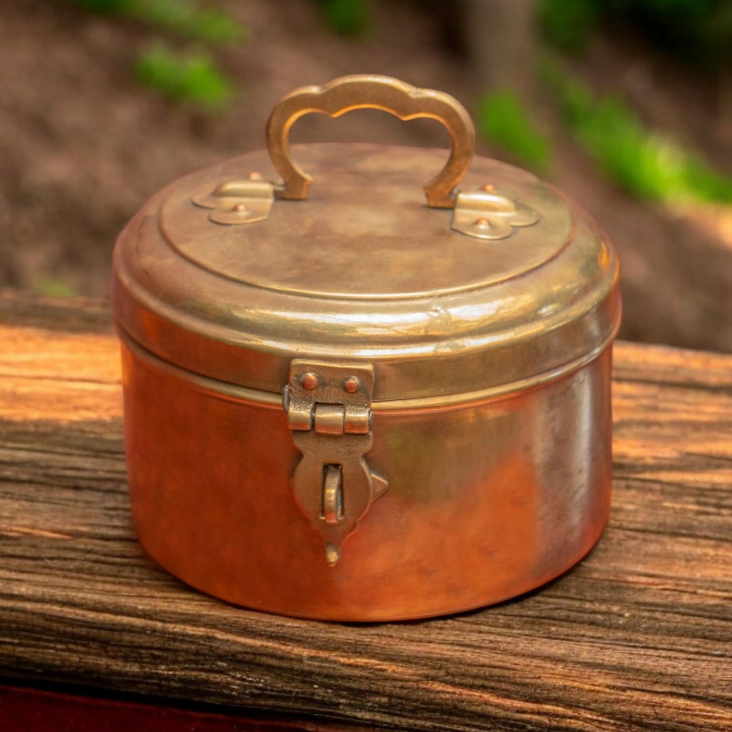 ORIGINAL ANTIQUE: AT/037 - Vintage Rare Pure Brass Original Antique Round Shape Box With Handle & Locking System | KITCHENWARE | UTENSILS | HOME APPLIANCES