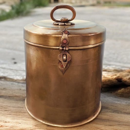 ORIGINAL ANTIQUE: AT/052 - Vintage Brass Solid Cylindrical Lockable Box With Handle | KITCHENWARE | UTENSILS | HOME APPLIANCES