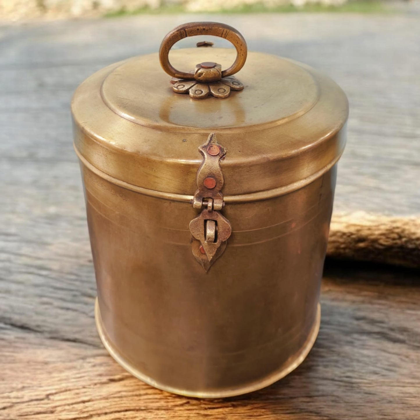 ORIGINAL ANTIQUE: AT/052 - Vintage Brass Solid Cylindrical Lockable Box With Handle | KITCHENWARE | UTENSILS | HOME APPLIANCES