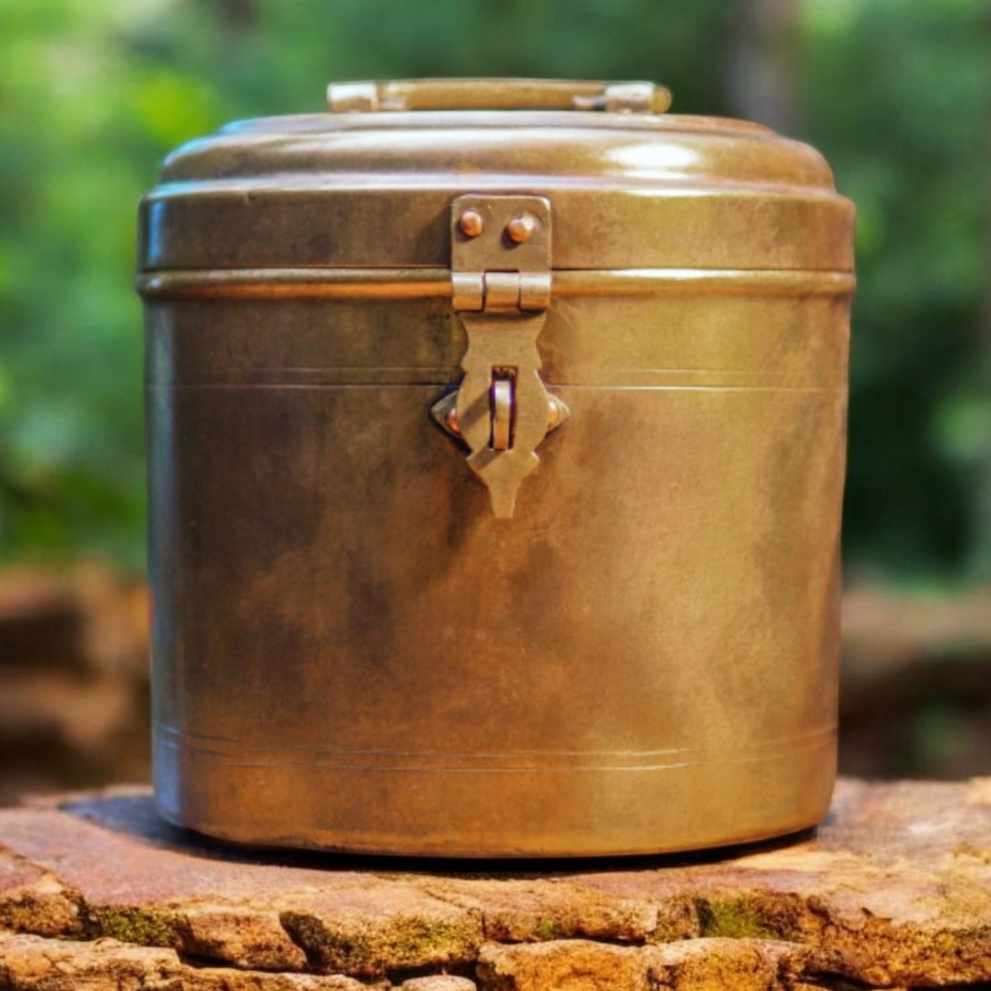 ORIGINAL ANTIQUE: AT/110 - Vintage Brass Solid Cylindrical Lockable Box With Handle | KITCHENWARE | UTENSILS | HOME APPLIANCES