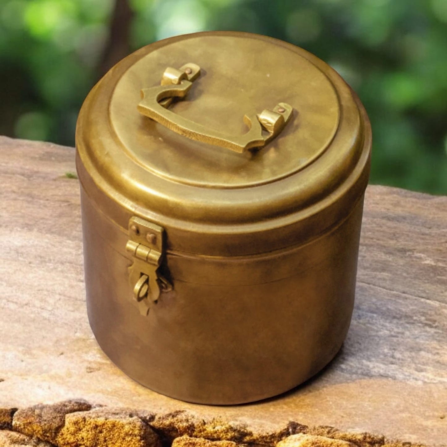 ORIGINAL ANTIQUE: AT/110 - Vintage Brass Solid Cylindrical Lockable Box With Handle | KITCHENWARE | UTENSILS | HOME APPLIANCES