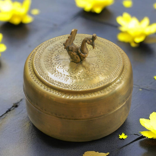 ORIGINAL ANTIQUE: AT/031 - 100% Pure Brass Vintage Style Beautifully Engraved Matt Look Trinket Box with Bird on top | KITCHENWARE | UTENSILS | HOME APPLIANCES