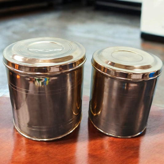 ORIGINAL ANTIQUE: AT/074 - Set of 2  - Original Vintage Pure Brass Big Size Cylindrical Storage Container | KITCHENWARE | UTENSILS | HOME APPLIANCES