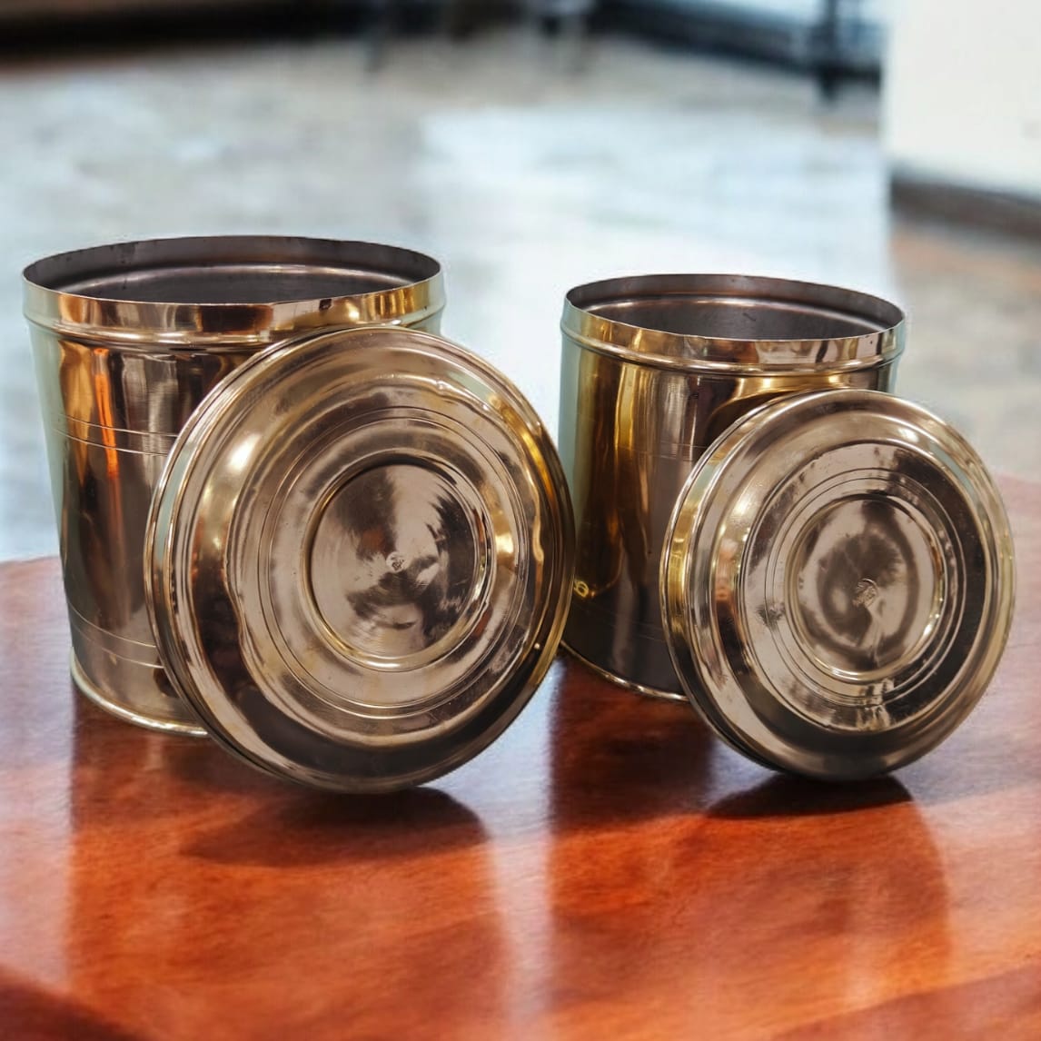 ORIGINAL ANTIQUE: AT/074 - Set of 2  - Original Vintage Pure Brass Big Size Cylindrical Storage Container | KITCHENWARE | UTENSILS | HOME APPLIANCES