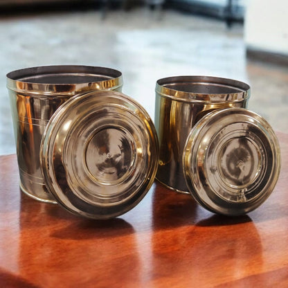 RA/074 | Set of 2 - Original Vintage Pure Brass Big Size Cylindrical Storage Container