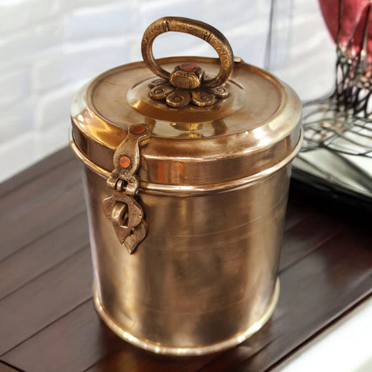 ORIGINAL ANTIQUE: AT/083 - Vintage Brass Cylindrical Lockable Box With Handle | KITCHENWARE | UTENSILS | HOME APPLIANCES
