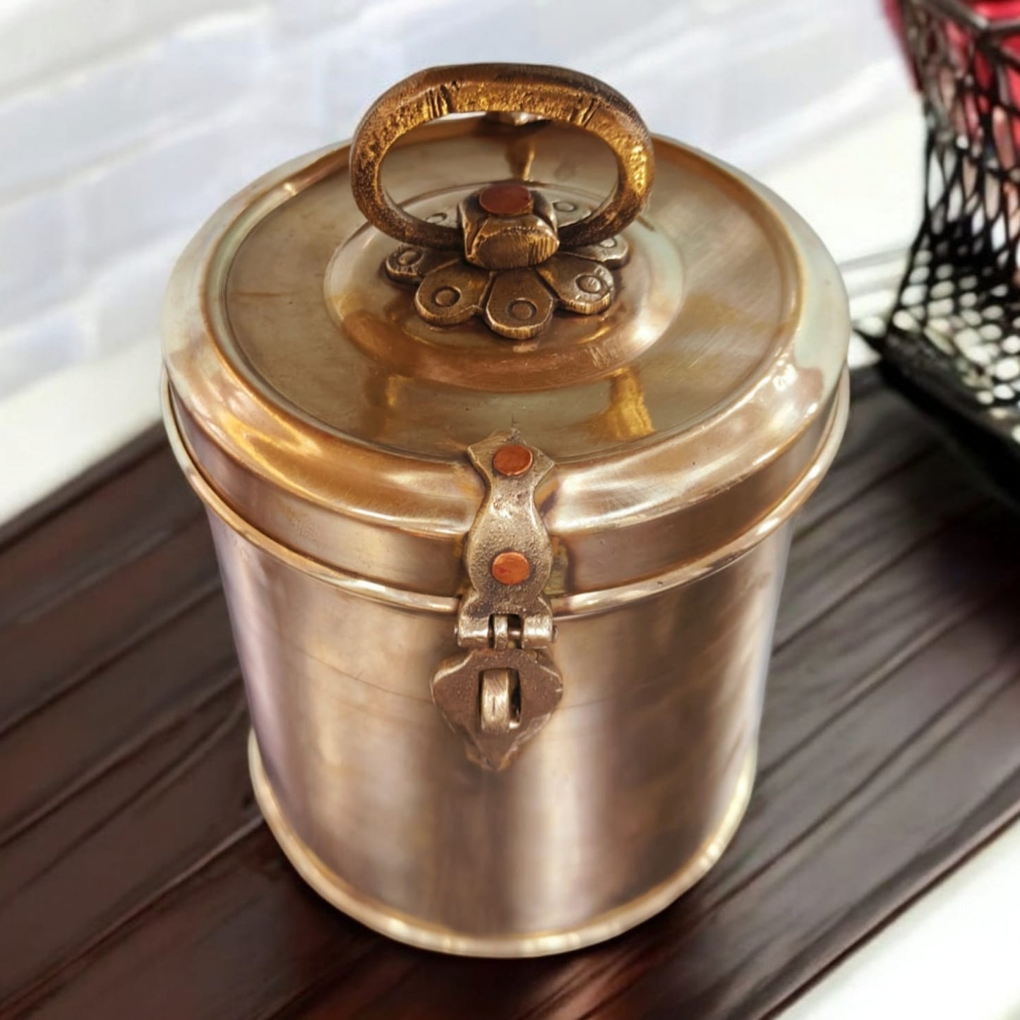 ORIGINAL ANTIQUE: AT/083 - Vintage Brass Cylindrical Lockable Box With Handle | KITCHENWARE | UTENSILS | HOME APPLIANCES