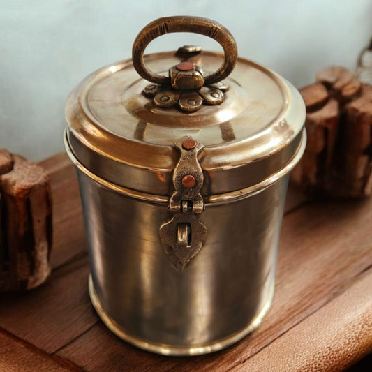 ORIGINAL ANTIQUE: AT/028 - Vintage Brass Cylindrical Lockable Box With Handle | KITCHENWARE | UTENSILS | HOME APPLIANCES