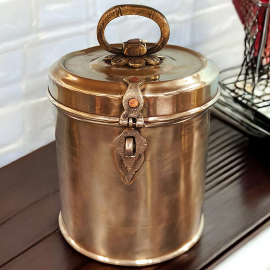 ORIGINAL ANTIQUE: AT/089 - Vintage Brass Cylindrical Lockable Box With Handle | KITCHENWARE | UTENSILS | HOME APPLIANCES