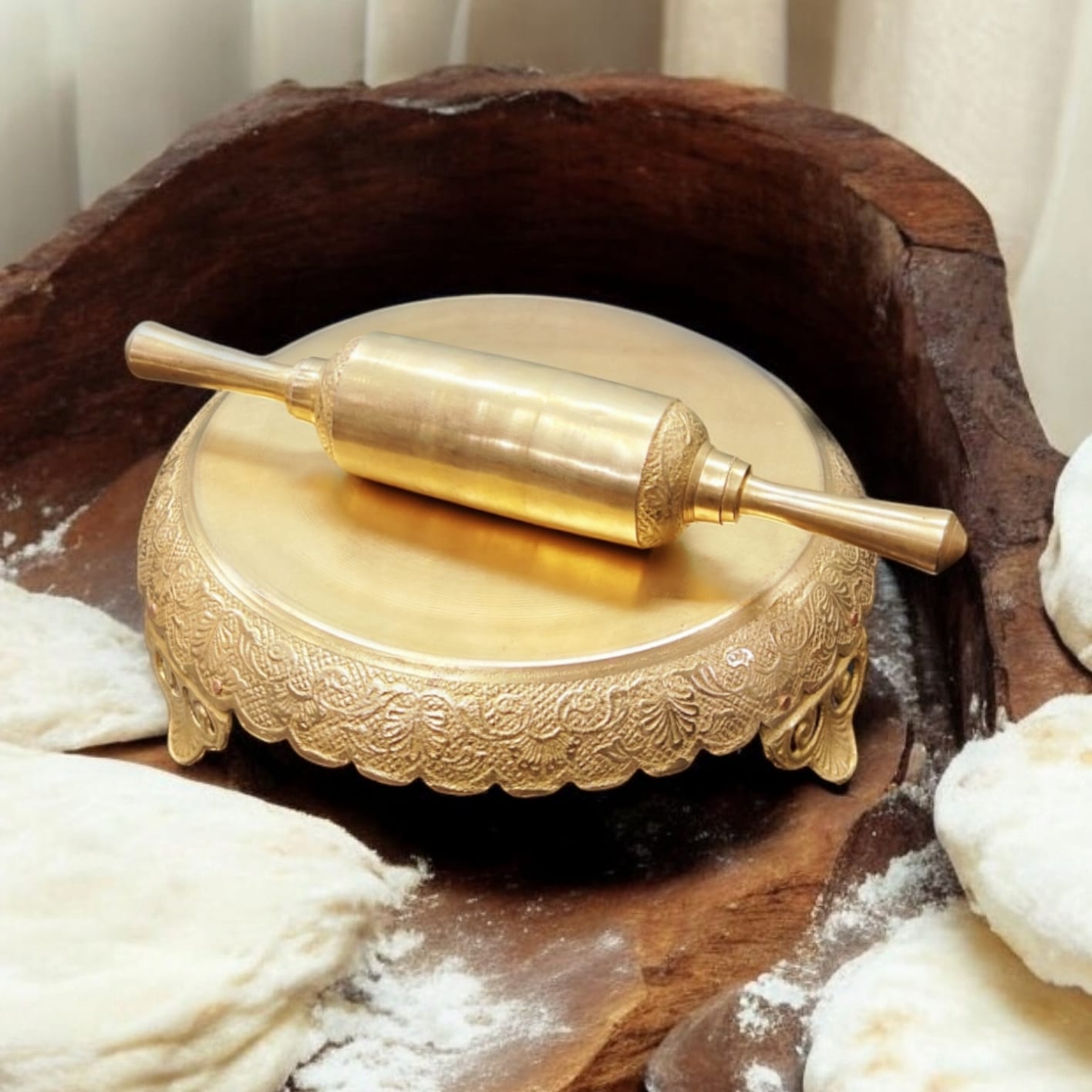 ORIGINAL ANTIQUE: AT/016 - 100% Pure Brass Vintage Chapati Maker Board and Rolling Pin | Antique Matt Finish Belan Patla | KITCHENWARE | UTENSILS | HOME APPLIANCES