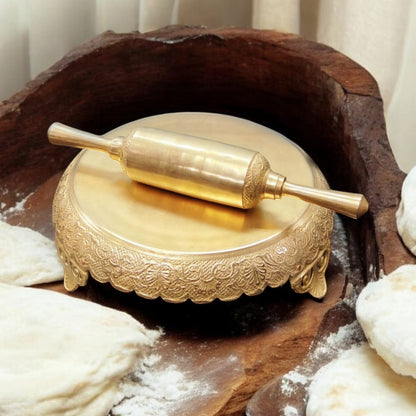 BN/001 | 100% Pure Brass Beautifully Engraved Antique Matt Finish Chapati Maker Board and Rolling Pin | Belan Patla