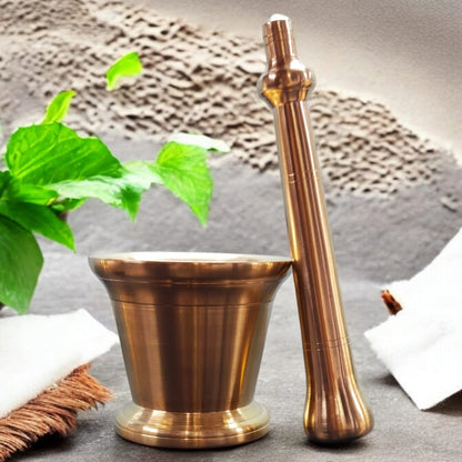 100% Pure Brass Very Beautiful Shape Solid Mortar And Pestle traditionally known as "Khalbatta" & "Hamam Dasta" | NW/012-1