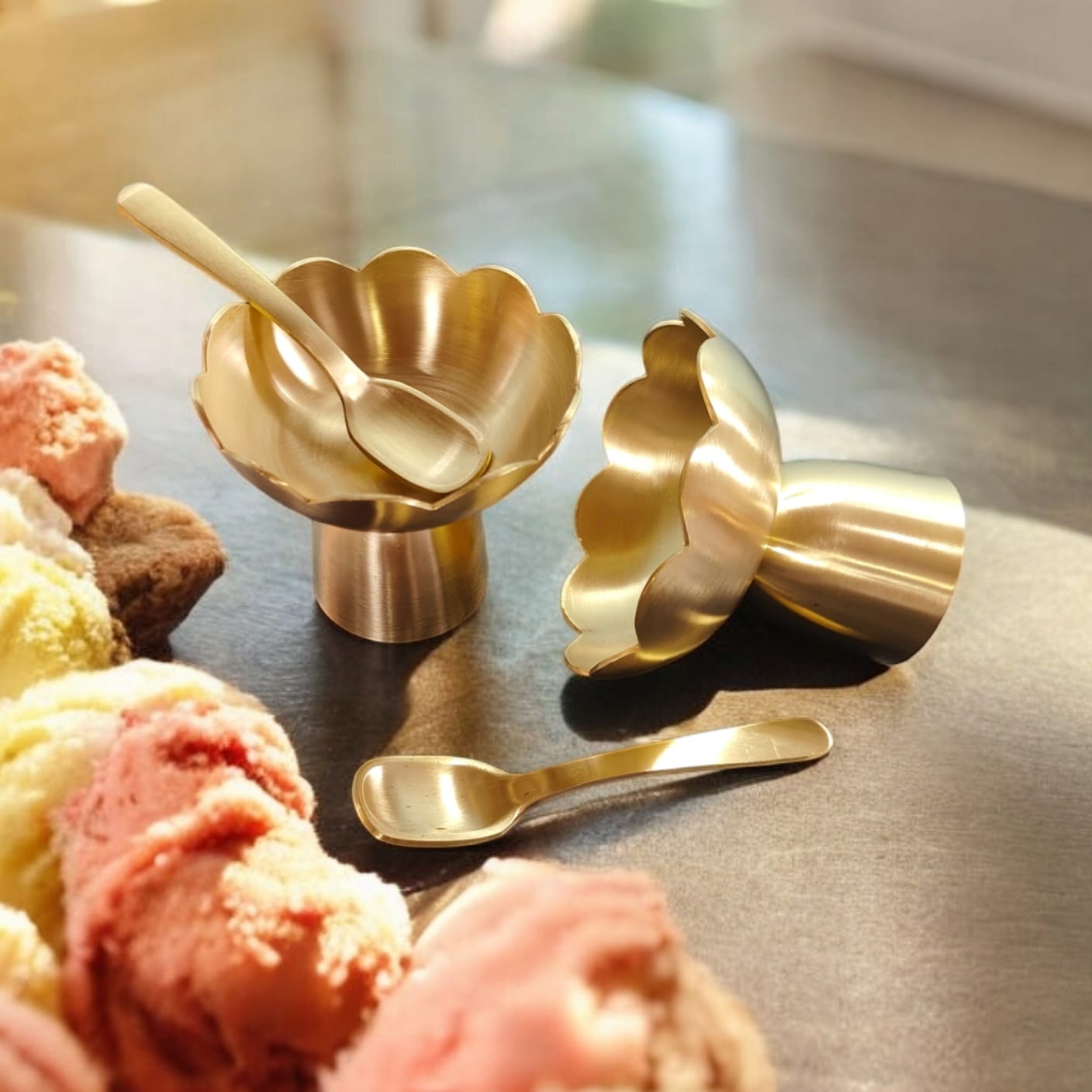 BRAND NEW: NW/031 - Set Of 2 - Matt Finish 100% Pure Brass Very Beautiful Shape Ice Cream Bowl With Spoon | KITCHENWARE | UTENSILS | HOME APPLIANCES