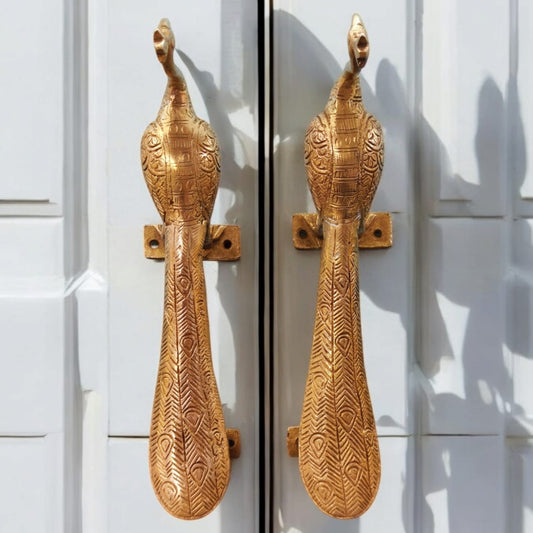 ORIGINAL ANTIQUE: AT/084 - Set of 2 - Rare Vintage Pure Brass Beautifully Engraved Peacock Shape Solid Door Handle | KITCHENWARE | UTENSILS | HOME APPLIANCES
