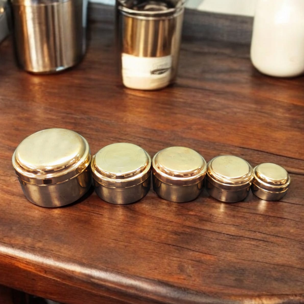 ORIGINAL ANTIQUE: AT/114 - Set of 5 - Original Vintage Pure Brass Round Shape Storage Boxes | KITCHENWARE | UTENSILS | HOME APPLIANCES