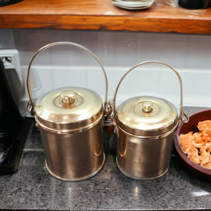 RA/139 | Set of 2 - Original Vintage Pure Brass Small size Storage Can with Handle