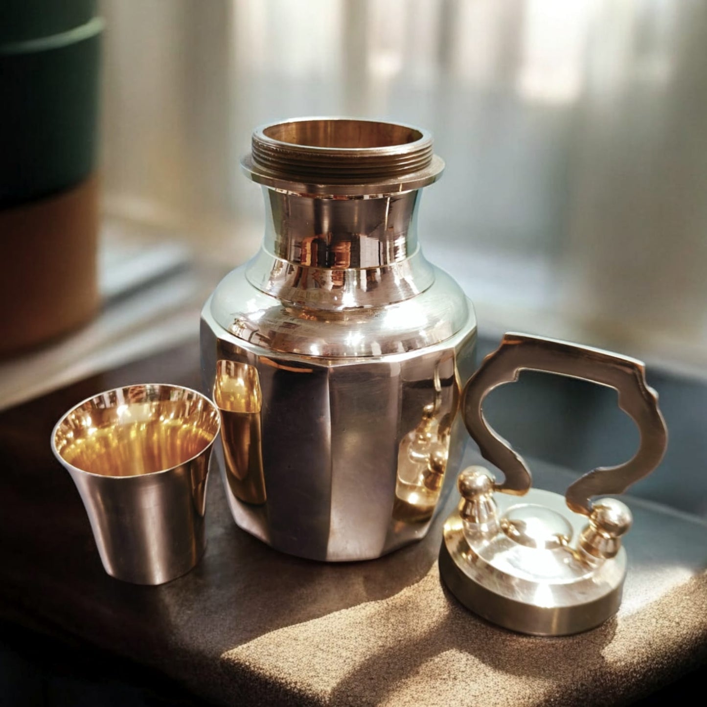 BRAND NEW: NW/025 - Rare Pure Brass Very Beautiful Cylindrical Shape Vintage Look Gangajal Lota with Glass inside in a Glossy finish traditionally known as "KAMANDAL" | KITCHENWARE | UTENSILS | HOME APPLIANCES