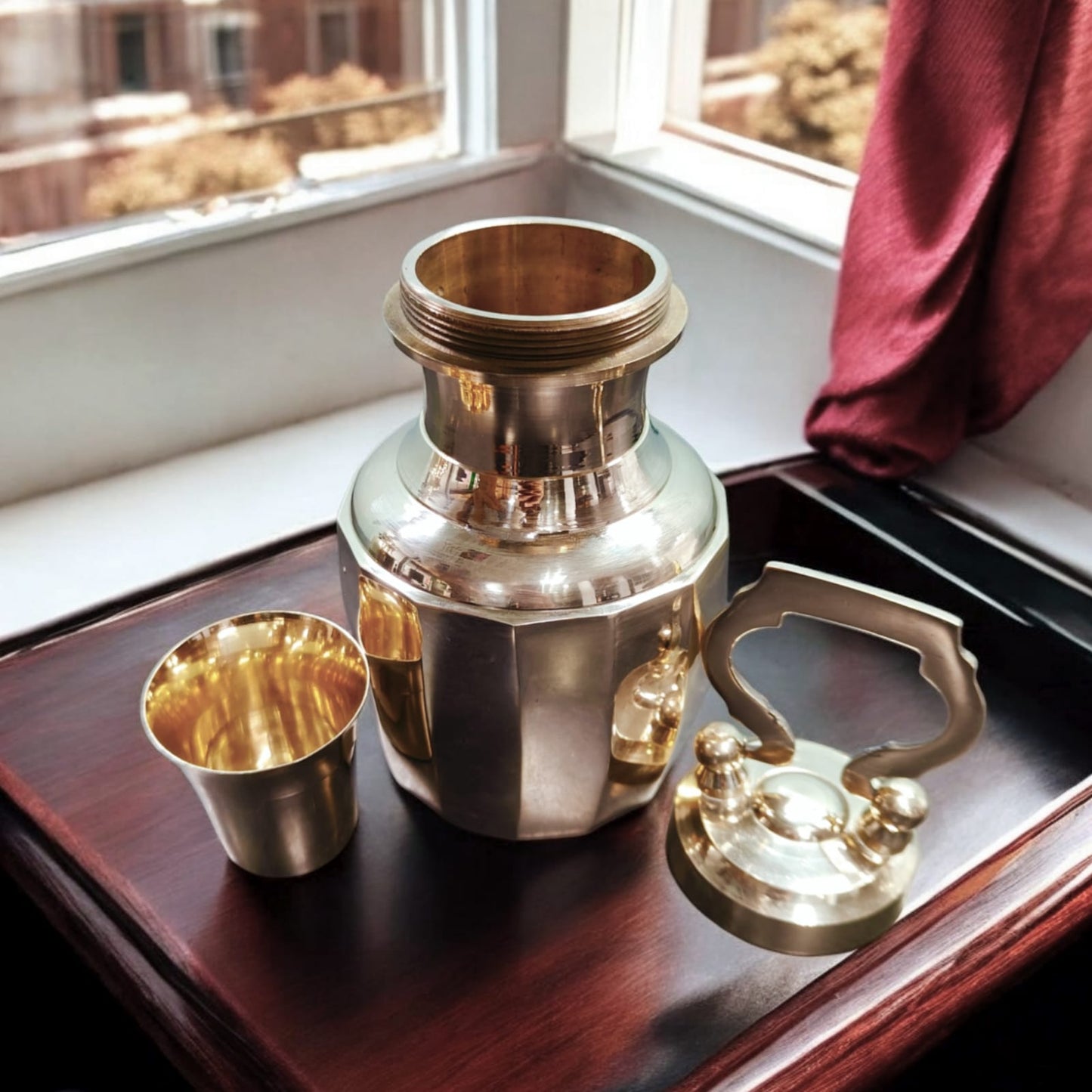 BRAND NEW: NW/022 - Pure Brass Very Beautiful Cylindrical Shape Vintage Look Gangajal Lota with Glass inside in a Glossy finish traditionally known as "KAMANDAL" | KITCHENWARE | UTENSILS | HOME APPLIANCES