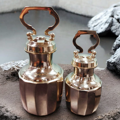 BRAND NEW: NW/021 - Set of 2 - Rare Pure Brass Very Beautiful Cylindrical Shape Vintage Look Gangajal Lota with Glass inside in a Glossy finish traditionally known as "KAMANDAL" | KITCHENWARE | UTENSILS | HOME APPLIANCES