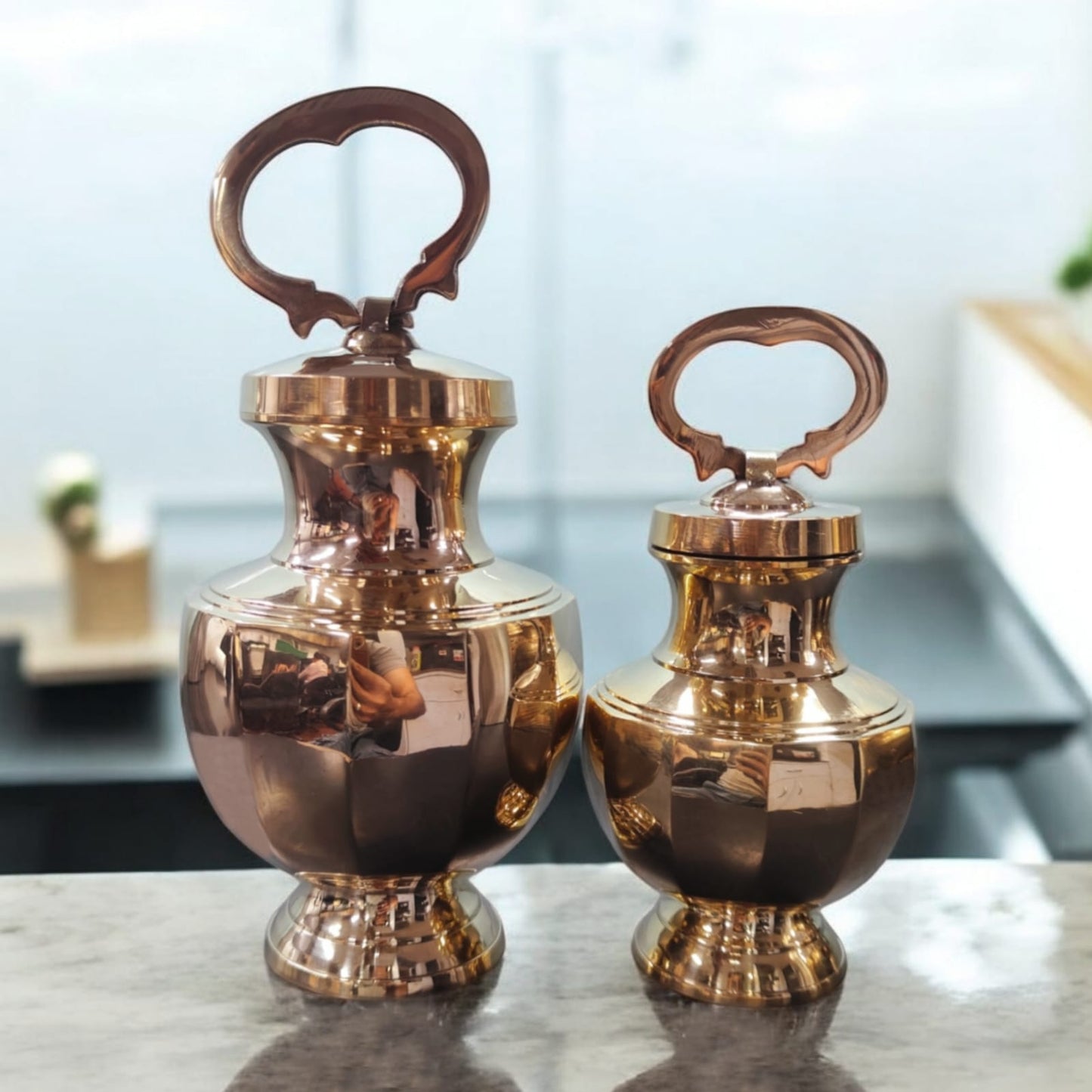 K/08 - Set of 2 - Rare Pure Brass Very Beautiful Diamond Shape Vintage Look Gangajal Lota with Glass inside in a Glossy finish traditionally known as "KAMANDAL" | KITCHENWARE | UTENSILS | HOME APPLIANCES