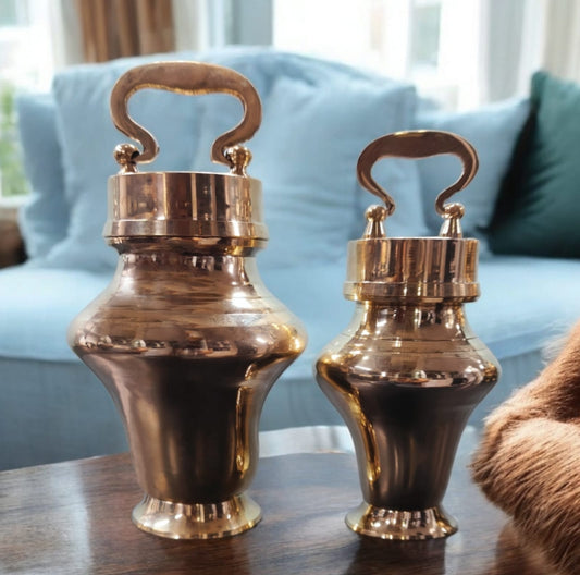 BRAND NEW: NW/038 - Set of 2 - Rare Pure Brass Very Beautiful Triangle Shape Vintage Look Gangajal Lota with Glass inside in a Glossy finish traditionally known as "KAMANDAL" | KITCHENWARE | UTENSILS | HOME APPLIANCES