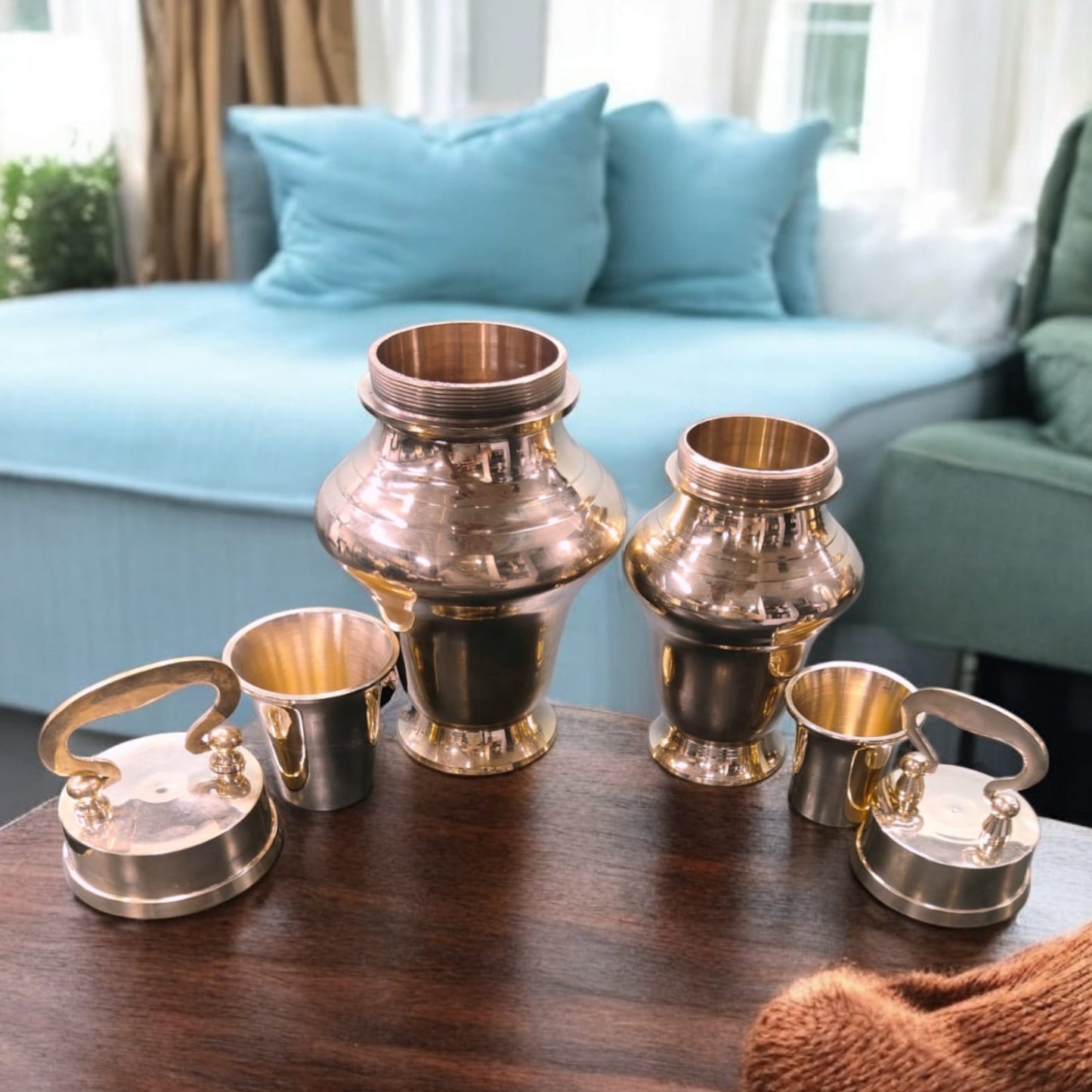 BRAND NEW: NW/038 - Set of 2 - Rare Pure Brass Very Beautiful Triangle Shape Vintage Look Gangajal Lota with Glass inside in a Glossy finish traditionally known as "KAMANDAL" | KITCHENWARE | UTENSILS | HOME APPLIANCES