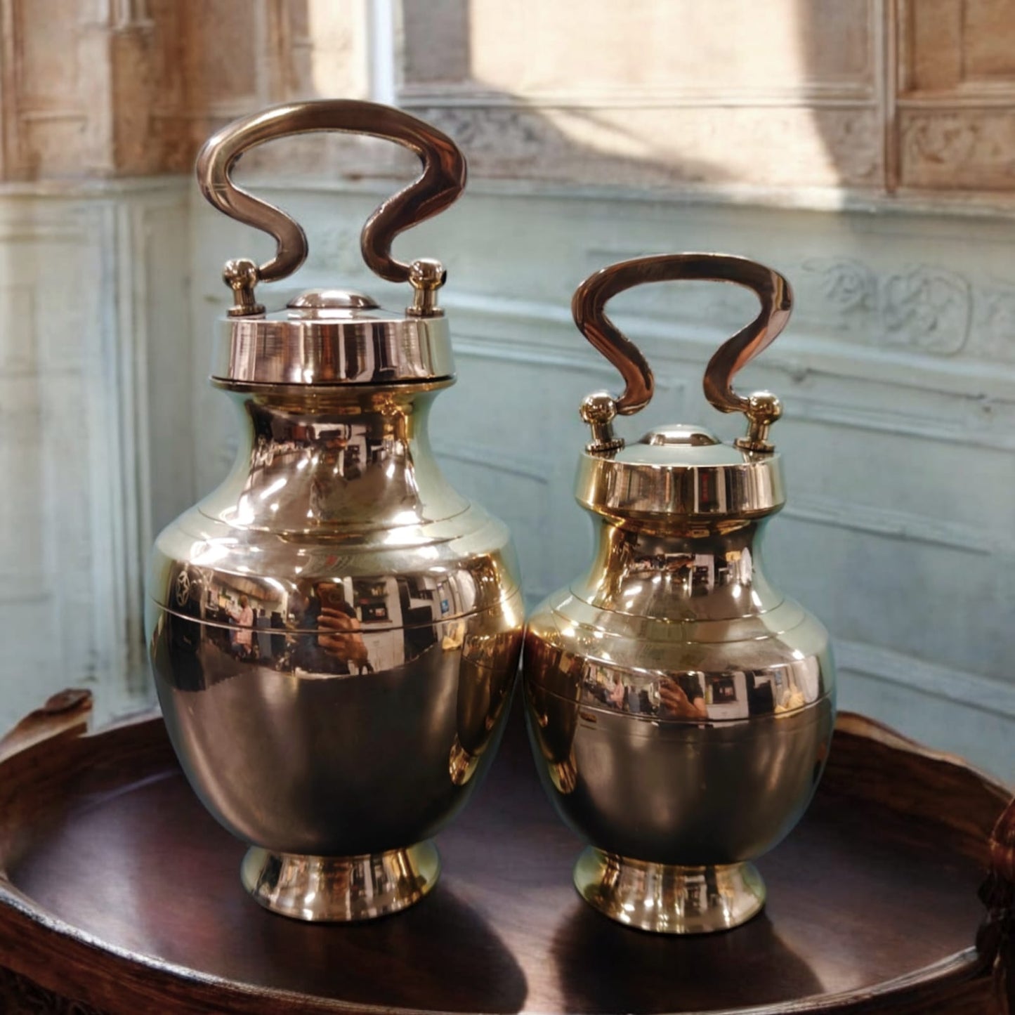 K/10 - Pure Brass Very Beautiful Oval Shape Vintage Look Gangajal Lota with Glass inside in a Glossy finish traditionally known as "KAMANDAL" | KITCHENWARE | UTENSILS | HOME APPLIANCES