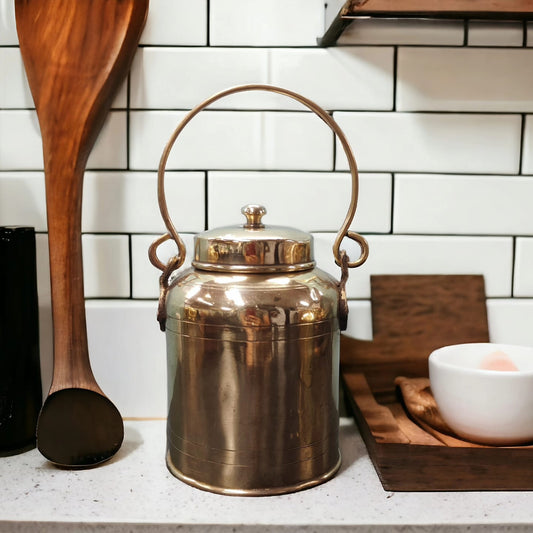 ORIGINAL ANTIQUE: AT/086 - Vintage Pure Brass Oil - Ghee - Milk Can with Handle & Lid | KITCHENWARE | UTENSILS | HOME APPLIANCES