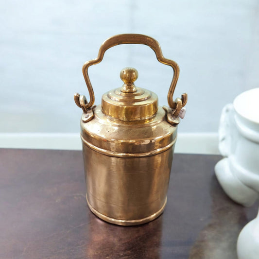 ORIGINAL ANTIQUE: AT/090 - Vintage Pure Brass Oil - Ghee - Milk Can with Unique Shape Handle & Lid | KITCHENWARE | UTENSILS | HOME APPLIANCES