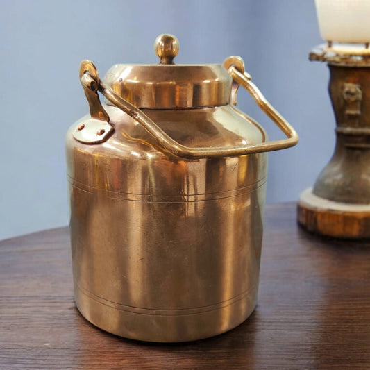 ORIGINAL ANTIQUE: AT/064 - Original Vintage Pure Brass Cylindrical Shape Oil - Ghee - Milk Can with Handle & Lid | KITCHENWARE | UTENSILS | HOME APPLIANCES