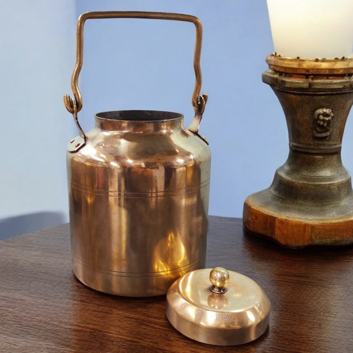 ORIGINAL ANTIQUE: AT/064 - Original Vintage Pure Brass Cylindrical Shape Oil - Ghee - Milk Can with Handle & Lid | KITCHENWARE | UTENSILS | HOME APPLIANCES