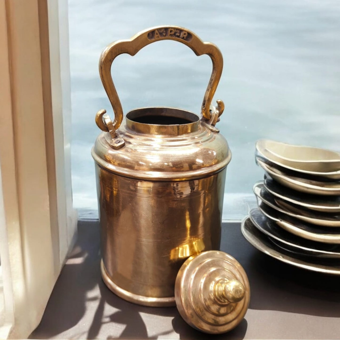 ORIGINAL ANTIQUE: AT/067 - Original Vintage Pure Brass Oil - Ghee - Milk Can with vintage initials A-P-R on Handle | KITCHENWARE | UTENSILS | HOME APPLIANCES