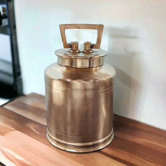 ORIGINAL ANTIQUE: AT/081 - Vintage Pure Brass Unique Shape Milk / Ghee / Oil Canister With Air Tight Lid And Handle | KITCHENWARE | UTENSILS | HOME APPLIANCES