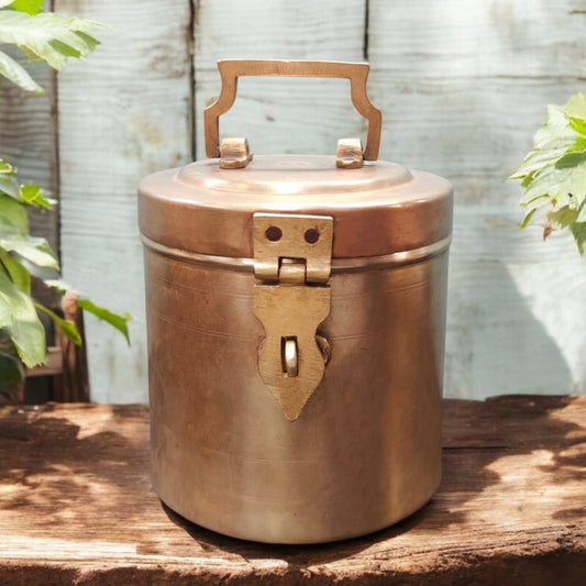 ORIGINAL ANTIQUE: AT/123 - Vintage Brass Cylindrical Lockable Box With Handle | KITCHENWARE | UTENSILS | HOME APPLIANCES