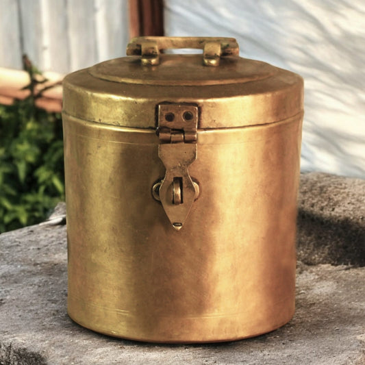 ORIGINAL ANTIQUE: AT/124 - Vintage Brass Cylindrical Lockable Box With Handle | KITCHENWARE | UTENSILS | HOME APPLIANCES
