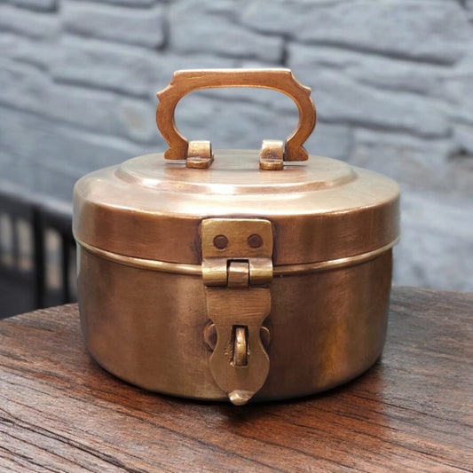 ORIGINAL ANTIQUE: AT/127 - Vintage Rare Pure Brass Round Shape Box With Handle & Locking System | KITCHENWARE | UTENSILS | HOME APPLIANCES