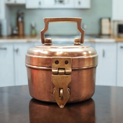 RA/132 | Vintage Rare Pure Brass Round Shape Box With Handle & Locking System