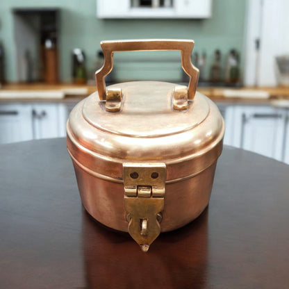 RA/132 | Vintage Rare Pure Brass Round Shape Box With Handle & Locking System