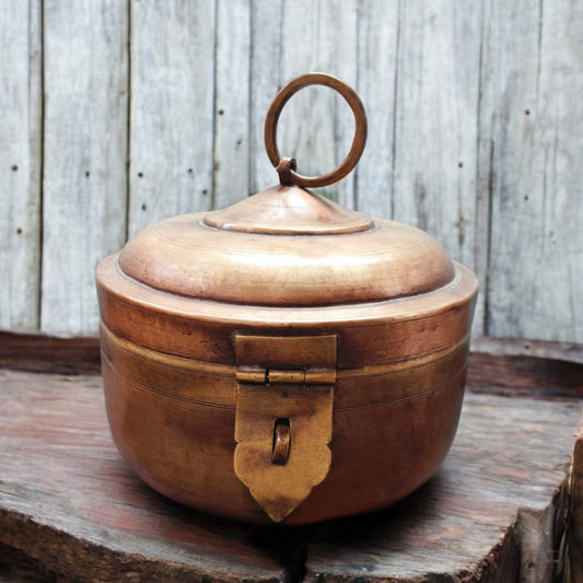 ORIGINAL ANTIQUE: AT/134 - Vintage Rare Pure Brass Very Beautiful Round Shape Box With Handle & Locking System | KITCHENWARE | UTENSILS | HOME APPLIANCES
