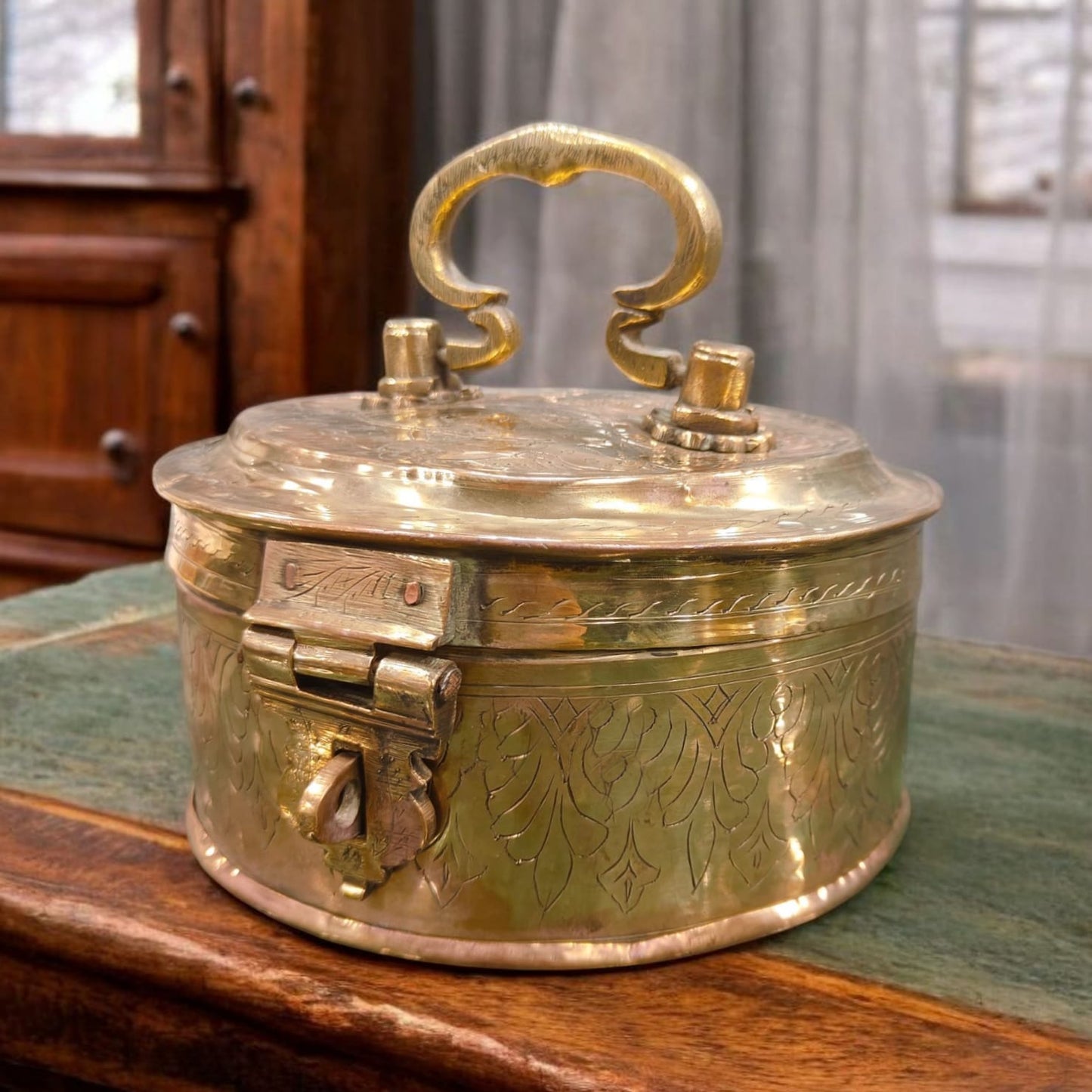 RSB/14 - 100% Pure Brass Rare Vintage Beautifully Engraved Floral Print Handmade Storage Box with Lock System | KITCHENWARE | UTENSILS | HOME APPLIANCES