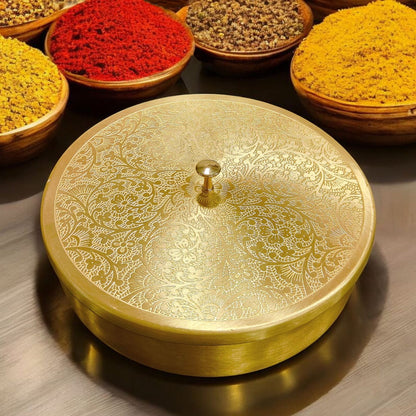 100% Pure Brass Beautifully Engraved Perfect Round Shape Spice Box | Masala Dani with 1 Spoon And 7 Containers | NW/044