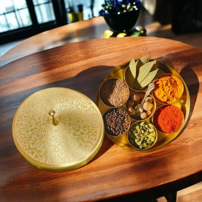 100% Pure Brass Beautifully Engraved Perfect Round Shape Spice Box | Masala Dani with 1 Spoon And 7 Containers | NW/044