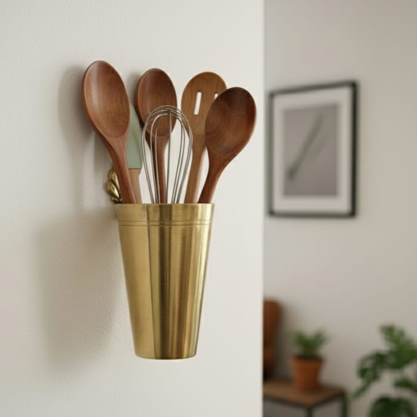 OT/09 - Rare Vintage 100% Pure Brass Wall-Mounted Glass Holder | KITCHENWARE | UTENSILS | HOME APPLIANCES