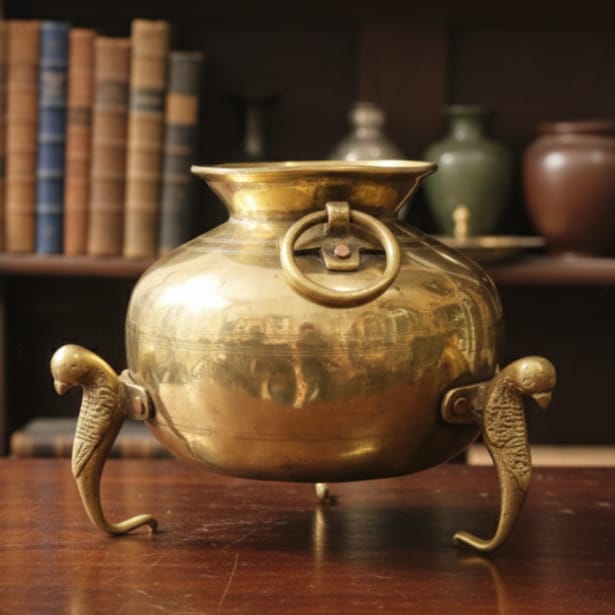 PPL/14 - Rare Vintage 100% Pure Brass Very Beautiful Round Shape Pot | Vase | Planters on Parrot Legs | KITCHENWARE | UTENSILS | HOME APPLIANCES