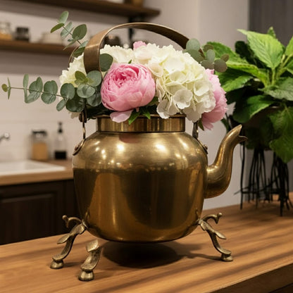 RA/023 | Rare Vintage 100% Pure Brass Tea Kettle | Vase | Planter On Peacock Legs