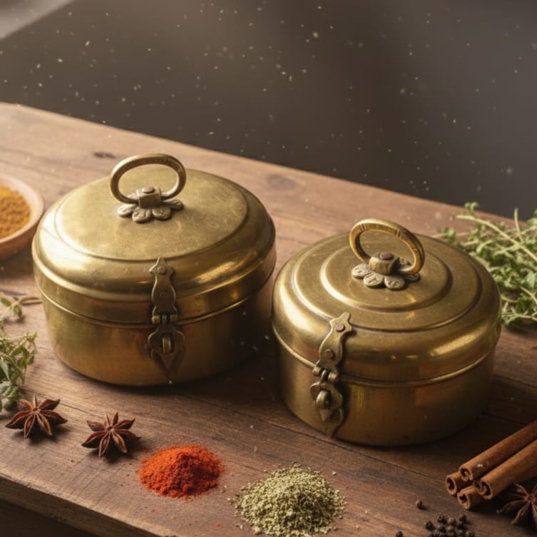 RSB/29 - Set of 2 - Rare Vintage Pure Brass Very Beautifully Shape Storage Box with Lock System | KITCHENWARE | UTENSILS | HOME APPLIANCES