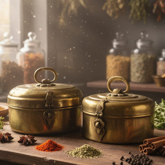 CP/06 - Set of 2 - Rare Vintage Pure Brass Very Beautifully Shape Storage Box with Lock System | KITCHENWARE | UTENSILS | HOME APPLIANCES