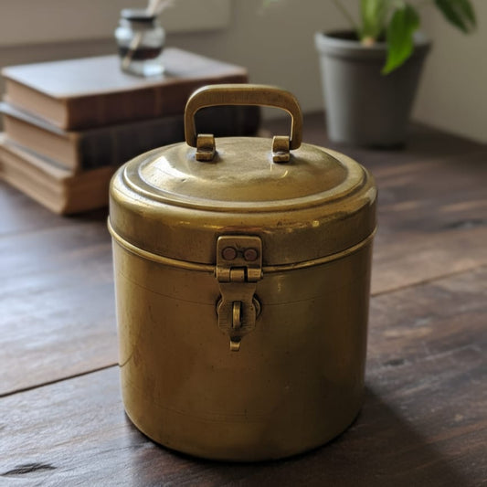 ORIGINAL ANTIQUE: AT/102 - Rare Vintage Pure Brass Cylindrical Shape Storage Box with Lock System | KITCHENWARE | UTENSILS | HOME APPLIANCES