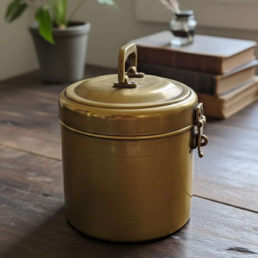 ORIGINAL ANTIQUE: AT/102 - Rare Vintage Pure Brass Cylindrical Shape Storage Box with Lock System | KITCHENWARE | UTENSILS | HOME APPLIANCES