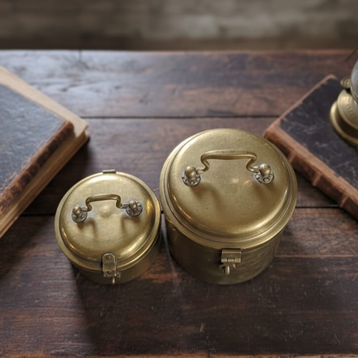 CSB/07 - Set of 2 - Rare Vintage Pure Brass Very Beautiful Flat Round & Cylindrical Shape Storage Boxes with Lock System | KITCHENWARE | UTENSILS | HOME APPLIANCES